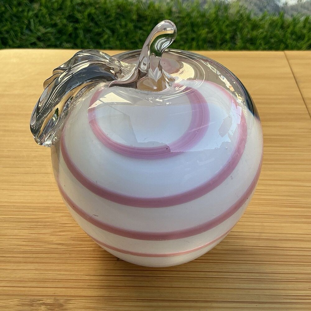 Art Glass Apple Paperweight Pink White Swirl Clear Leaf Stem 3.5” Decor